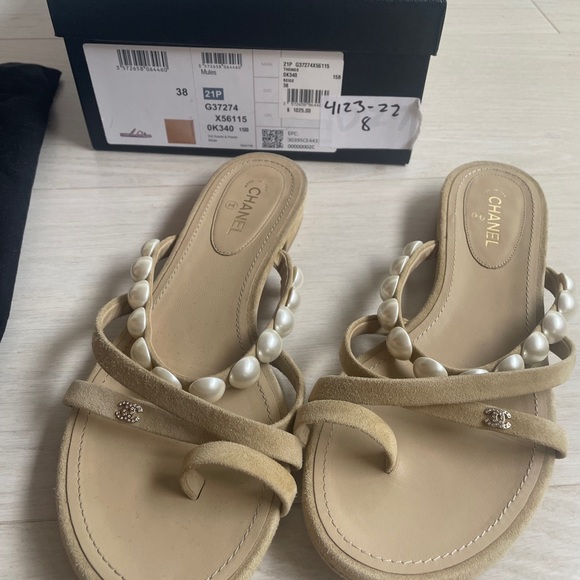 Chanel Suede & Pearl Beige Sandals Size 38 - Picture 2 of 7